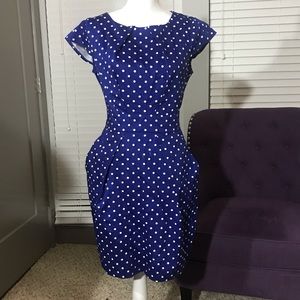 Blue polka dot dress with tie back